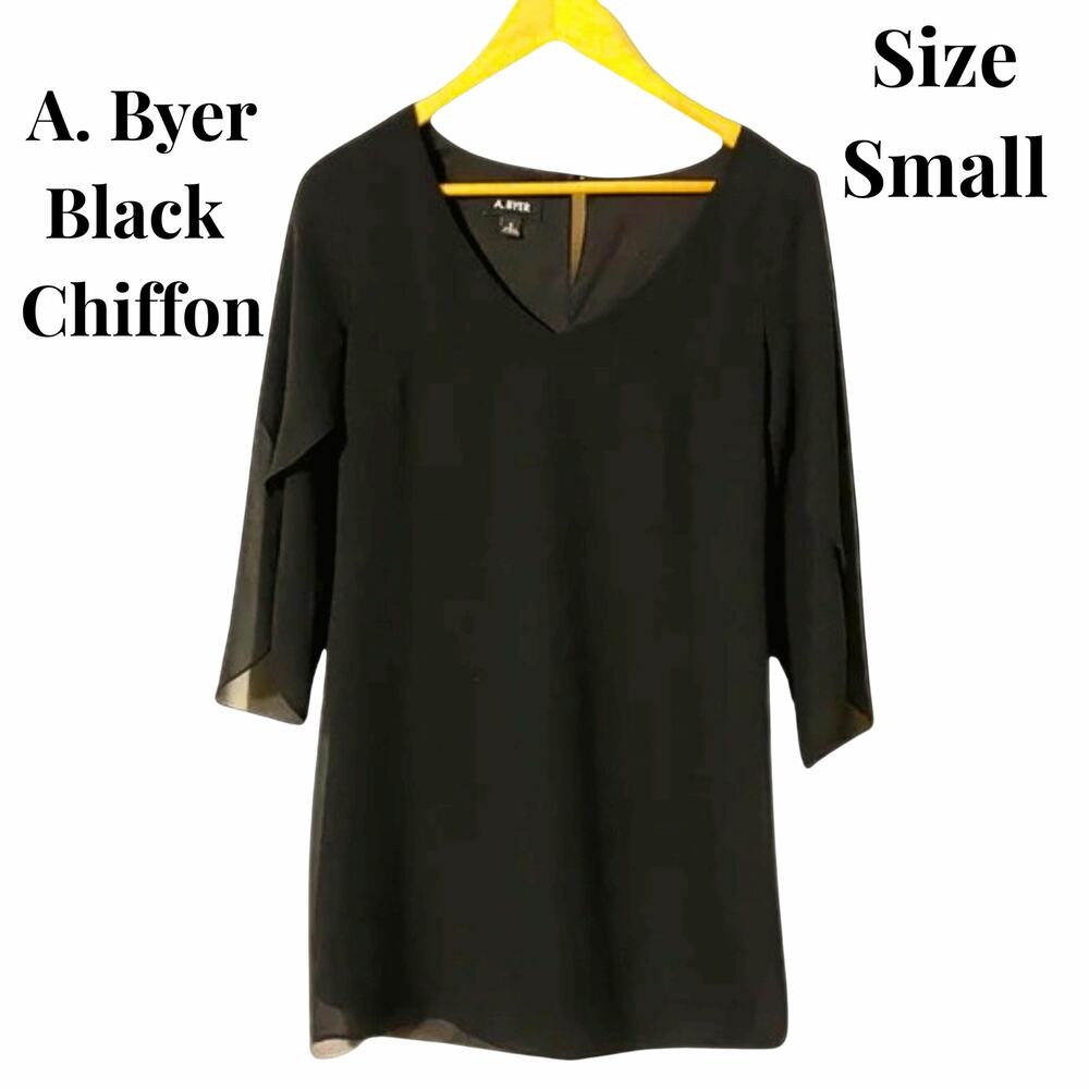 A. Byer Black Chiffon 3/4 Bell Sleeves Pencil Dress V Neck Small Knee Length